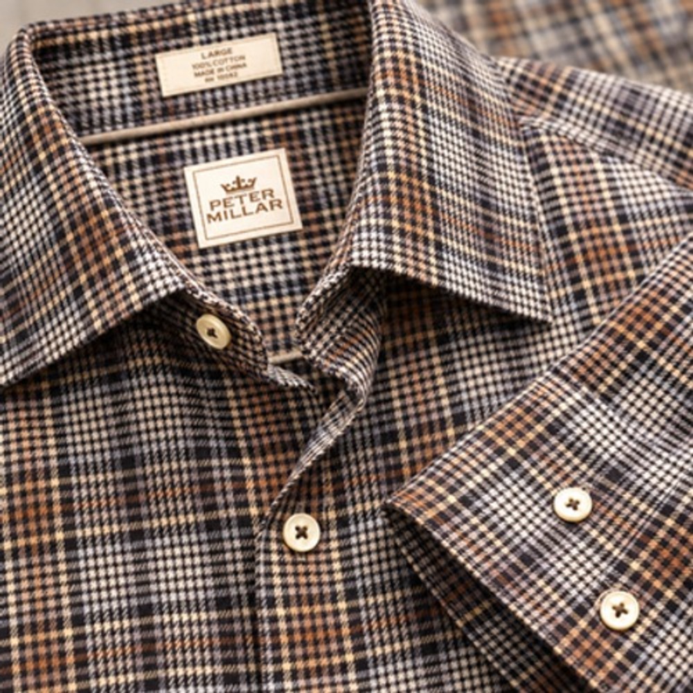 Peter Millar Men's Large Brown Plaid Cotton Long Sleeve Button Up Shirt